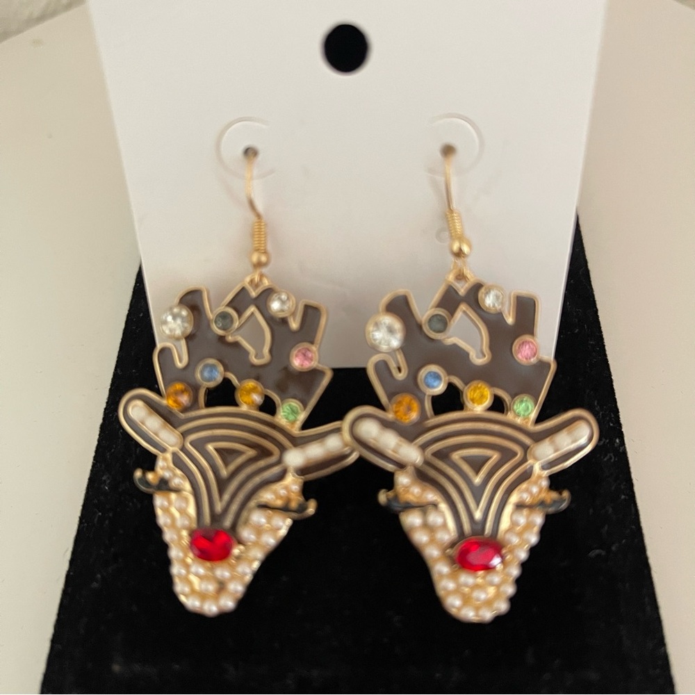 NWT Christmas Reindeer, 14k Gold plated, Dangle Earrings With Rhinestones